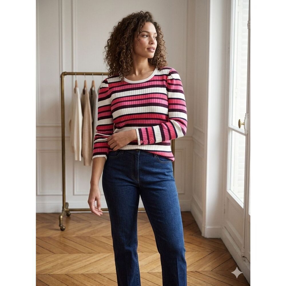 Talbots Plus 1X Striped Ribbed Sweater Pink White Navy Puff Sleeve Button Cuff